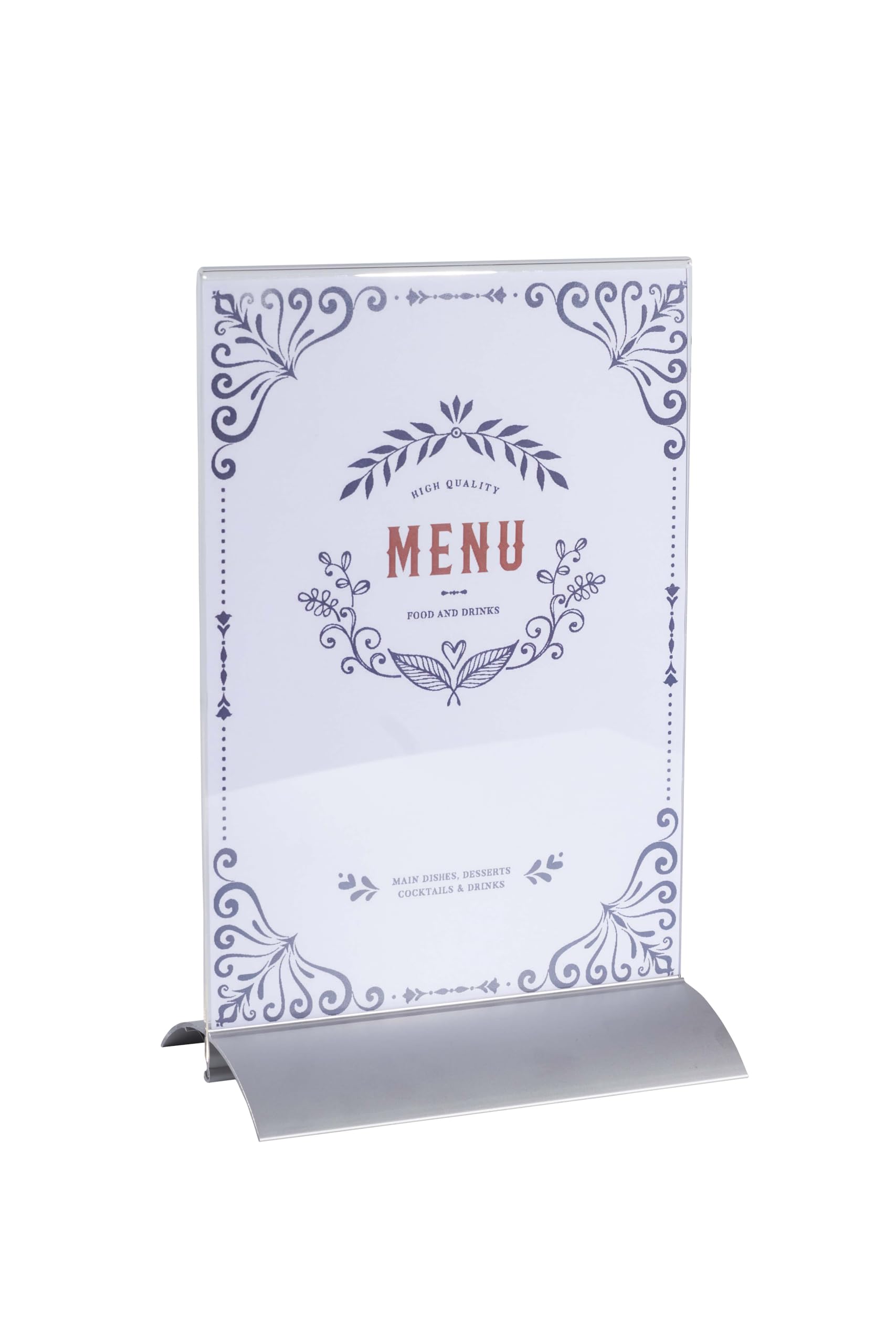 Exacompta - Ref. 85658D - Cartón de 5 soportes visuales inclinados sobre pie de aluminio vertical - Dimensiones 21 x 30 x 8,5 cm - Portamenú, carta de vinos, carteles, documento A5 - En PMMA - Alu