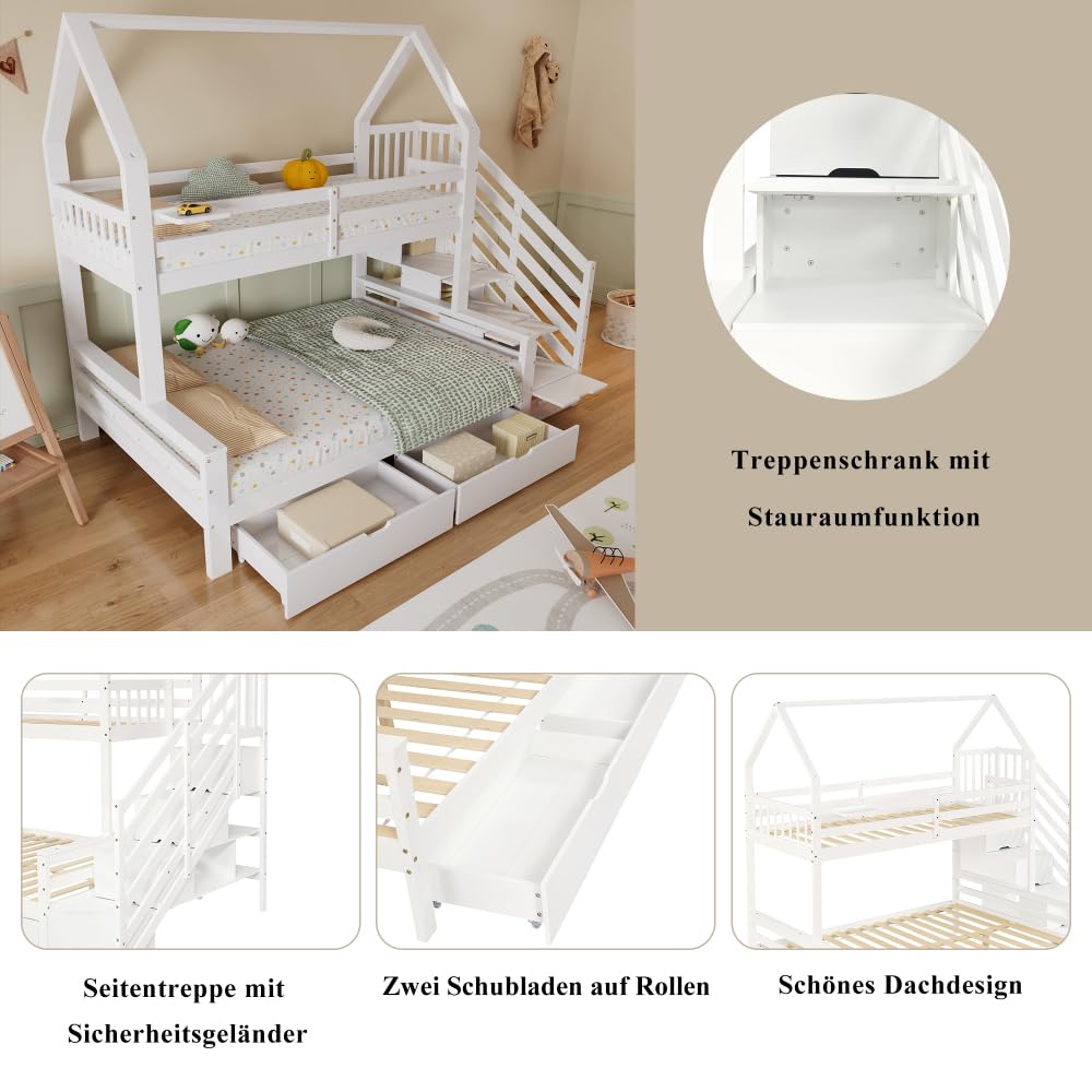 I0I&I0I Litera con diseño de techo y cajones, barandilla de seguridad, armario para escaleras, espacio de almacenamiento, cuna para habitación de hermanos