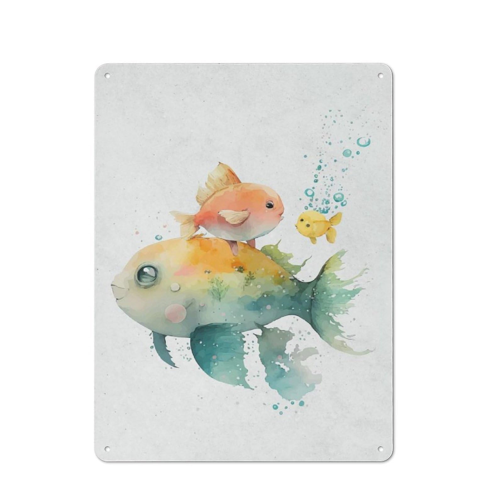 Tin Wall Plaque 40x30cm with Watercolor Animal Fish for Workshop Wall, Housewarming Wall Decor for People Furnishing Workshop