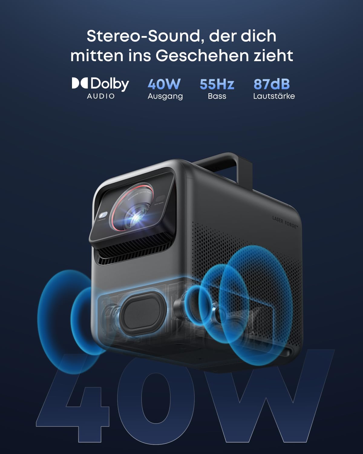 NEBULA X1 Triple Laser 4K Beamer, 3500 ANSI Lumen, 56000:1 Kontrast, 40W Stereo Sound, 0,9-1,5 optischer Zoom, Auto Kalibrierung, Dolby Vision, 300 Zoll, Micro-Gimbal, GTV, Mit Griff, Outdoor | 40W Stereo Sound, 0,9-1,5 optischer Zoom, Auto Kalibrierung,