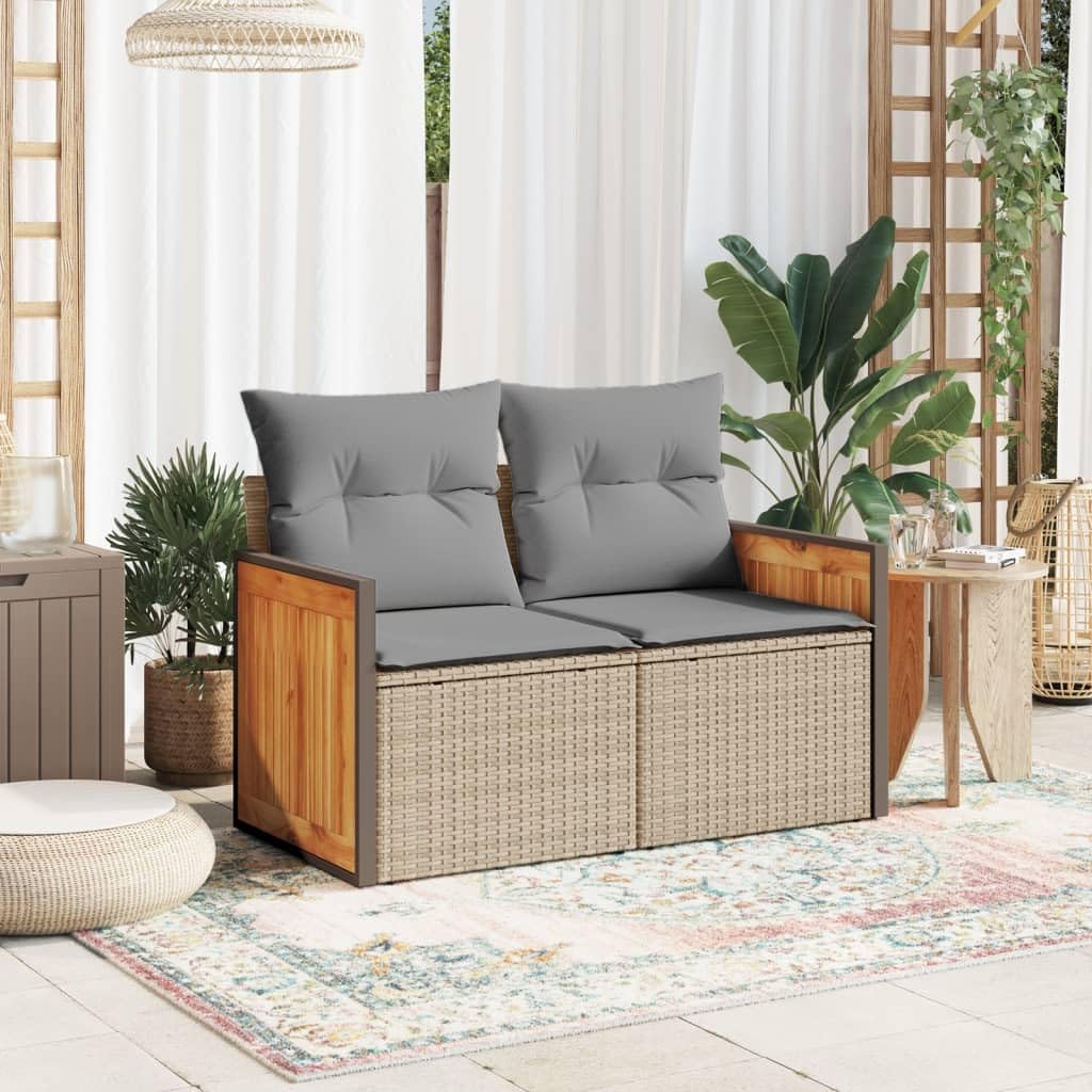 Divano da Giardino 2 Posti in Rattan PE Beige con Cuscini | Panchina da esterno modulare con contenitore salvaspazio e cuscini imbottiti per terrazzo o giardino.
