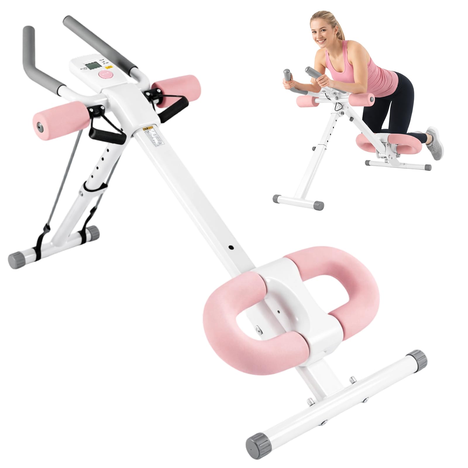Ab Machine Adjustable Ab Trainer for Home Gym Foldable Abs Workout Equipment with Knee Padding and LCD Monitor (Pink)