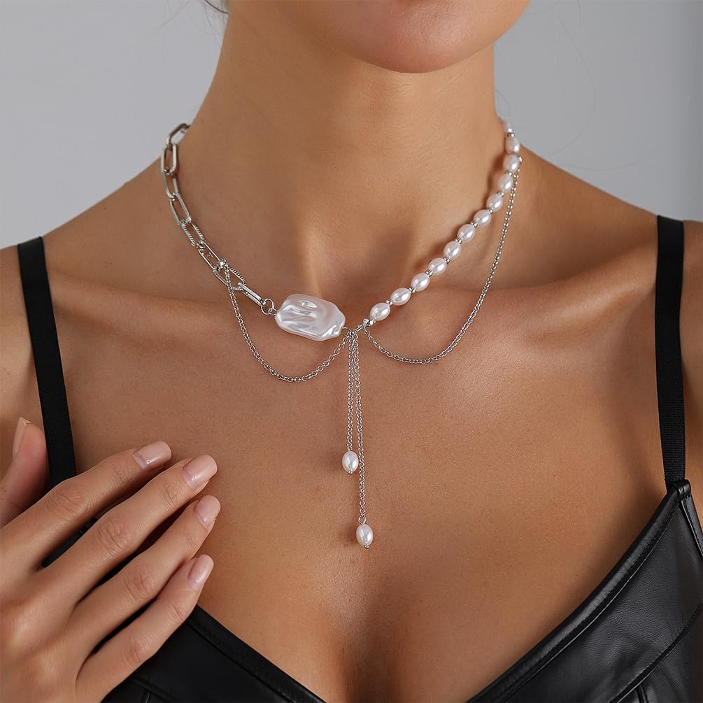 Dainty Layered Silver Baroque Pearl Tassel Y Necklace for Women, Statement Half Pearl Beaded Paperclip Chain Choker Vintage Charm Party Jewelry Gifts - Image 3