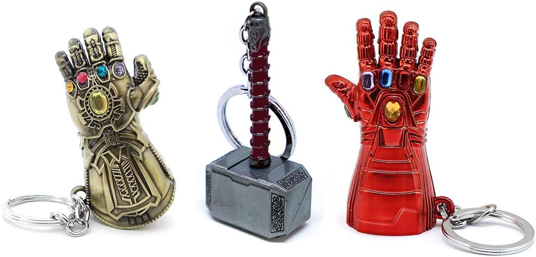 3-Pack Bronze Glove Key Chain, Silver Hammer Keychain and Red Glove Keychain, Cool Gifts for Men, Husband, Boyfriend