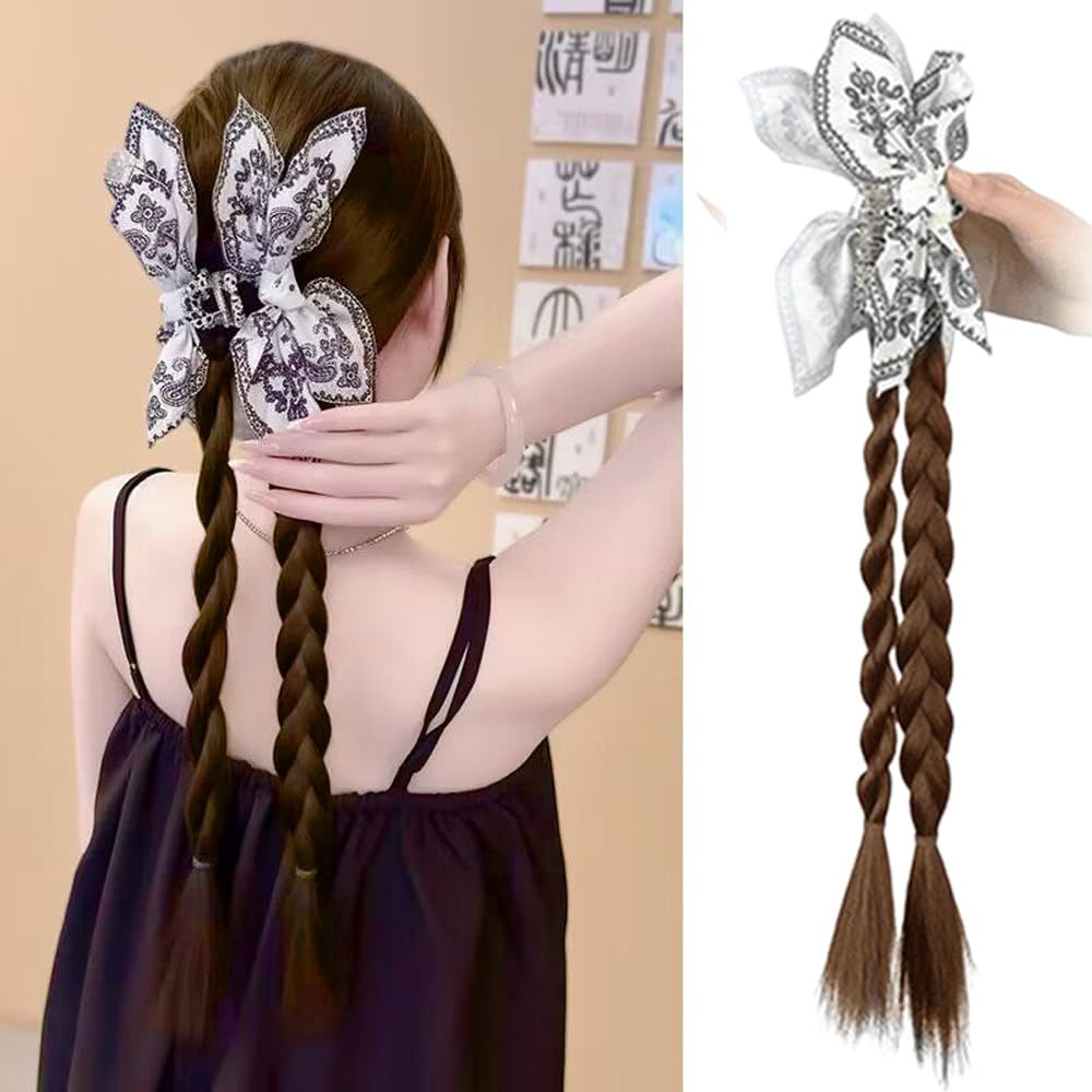 Ponytail Extension Claw Clip,Wig Clips Braided Ponytail Extension Hair,Retro Butterfly Hairpin Double Braided Ponytails Hairpieces for Women,Brown,18 Inches