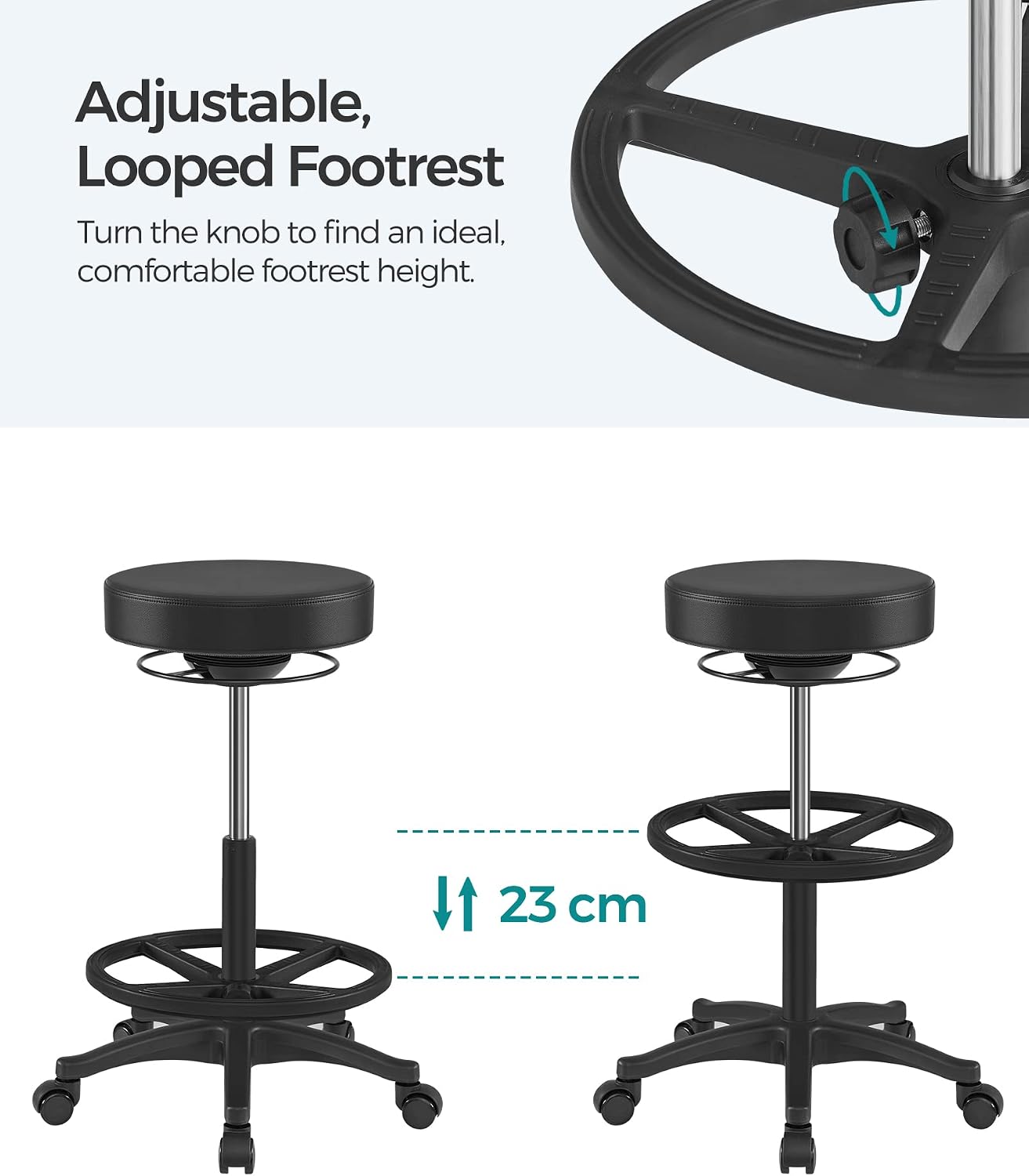 Close-up image of the pressure-sensitive safety castors. Icons show that castors lock when a person sits down and unlock when a person rises, preventing accidental movement.