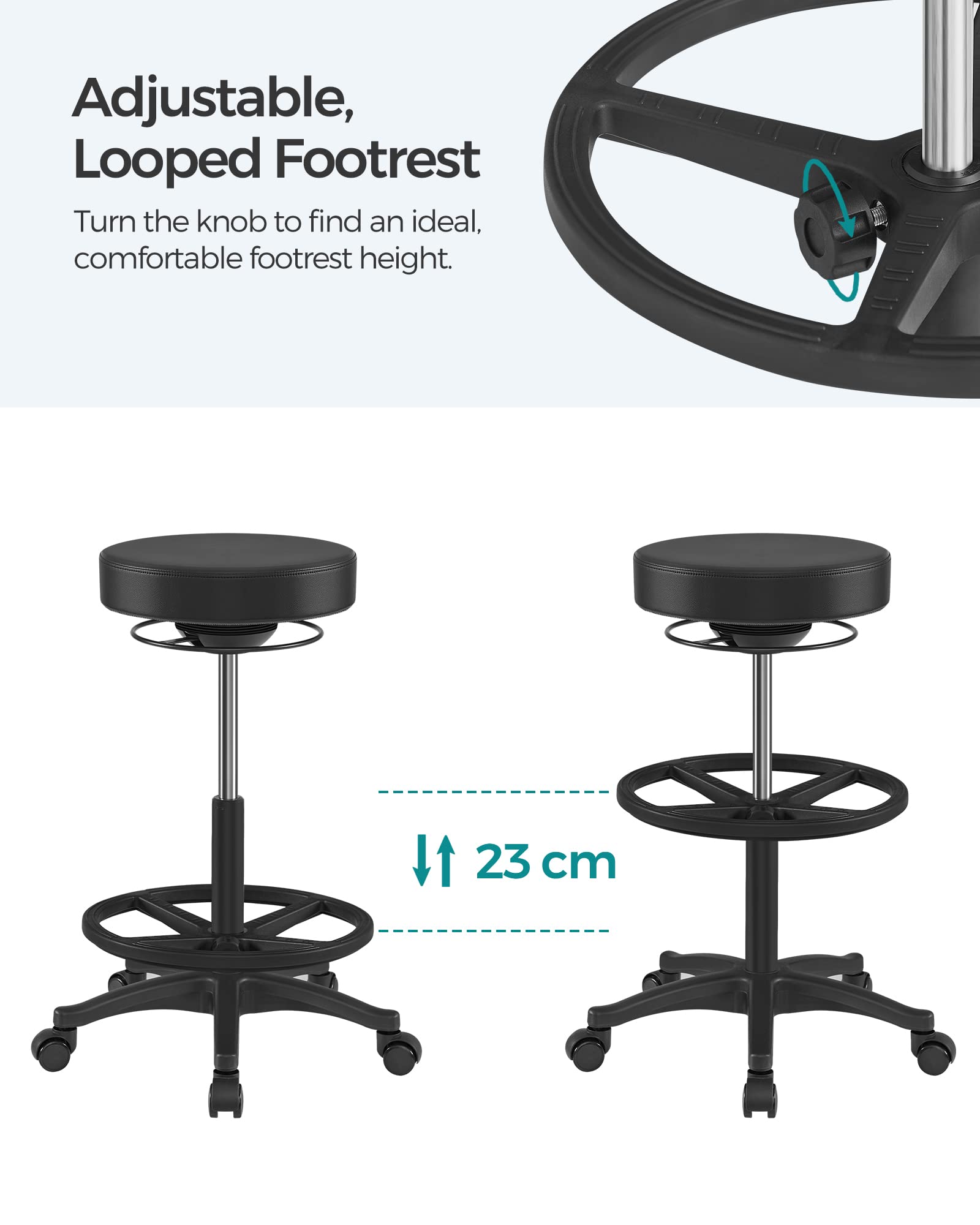 SONGMICS Arbeitshocker, hoher Sitz, ergonomischer Dynastischer Hocker, Stehstuhl, drehbar und verstellbar, 59,5 – 81 cm, mit Verstellbarer runder Fußstütze, Schwarz OSC007B01
