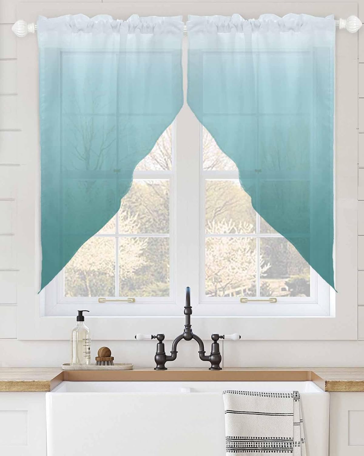 Turquoise Ombre Swag Valances for Windows Teal and White Gradient Semi Sheer Valance Curtains Blue Voile Swags Topper Curtain for Kitchen Living Room Bedroom, 2 Panels, 36x63 Inch