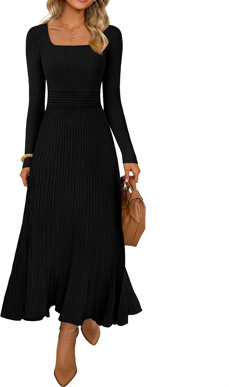 MEROKEETY Women’s Sweater Dress 2025 Fall Winter Casual Long Sleeve Square Neck Pleated Church Work Knit Midi Dresses