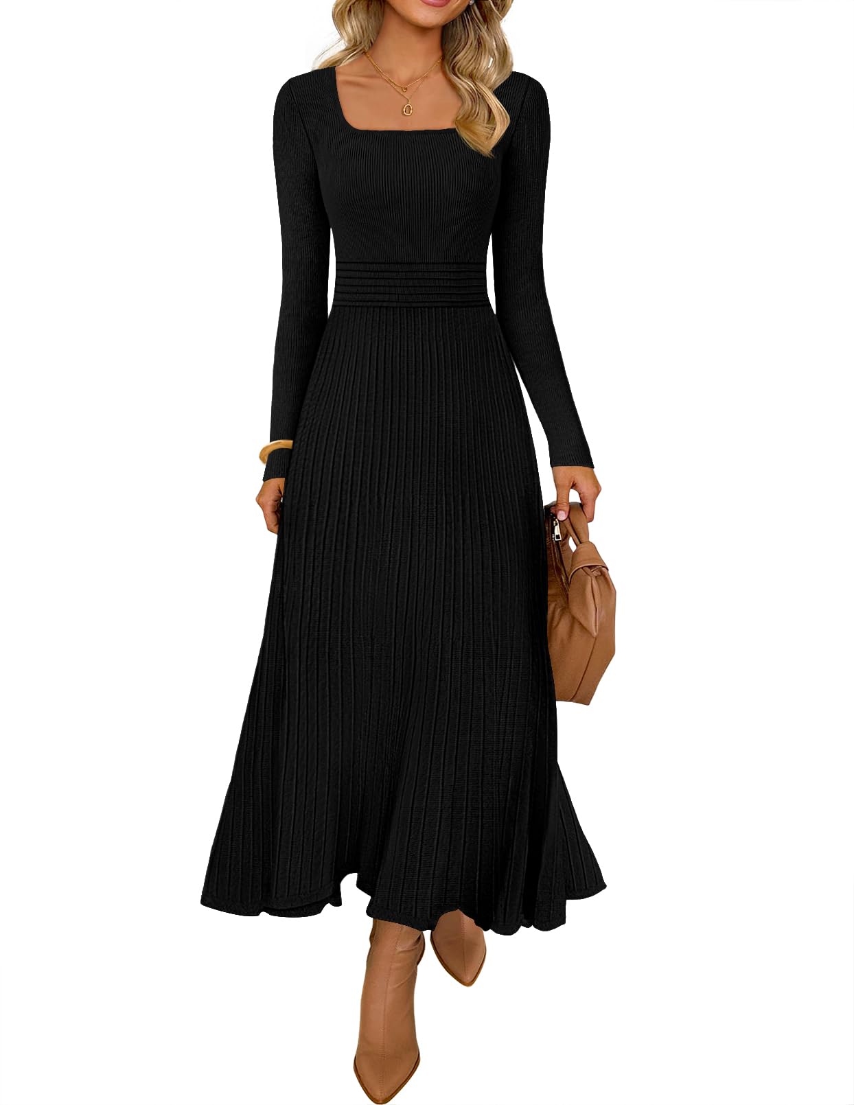 MEROKEETY Womens Sweater Dress 2025 Fall Winter Casual Long Sleeve Square Neck Pleated Church Work Knit Midi Dresses