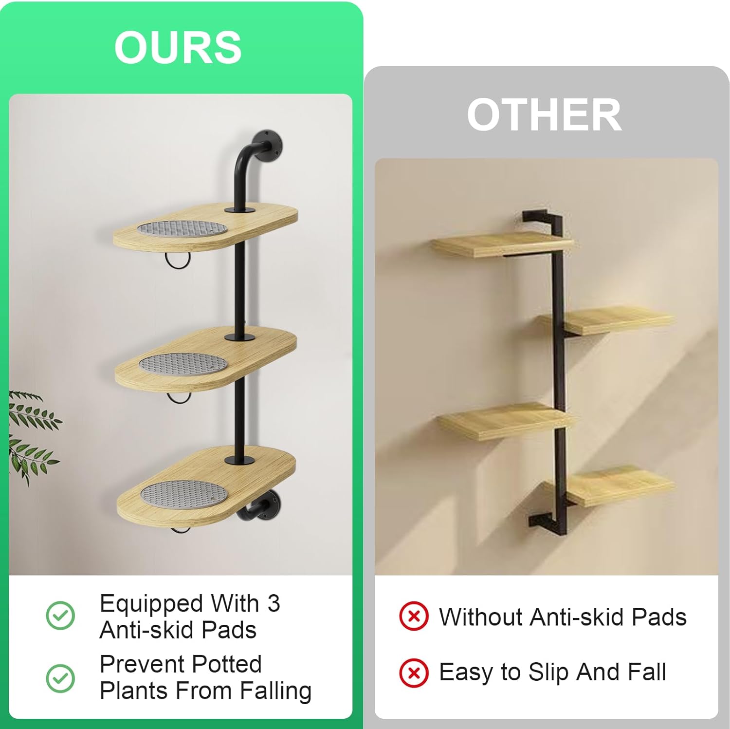 Rotating Window Plant Shelves with 3 Anti-slip Mats, 3 Tier Plant Stand Indoor Outdoor, Wooden Window Plant Shelf with 3 Circle Hook, Hanging Plant Holder for Window, Potted Plants, Flowerpots (Oak Color, 3 Tier)