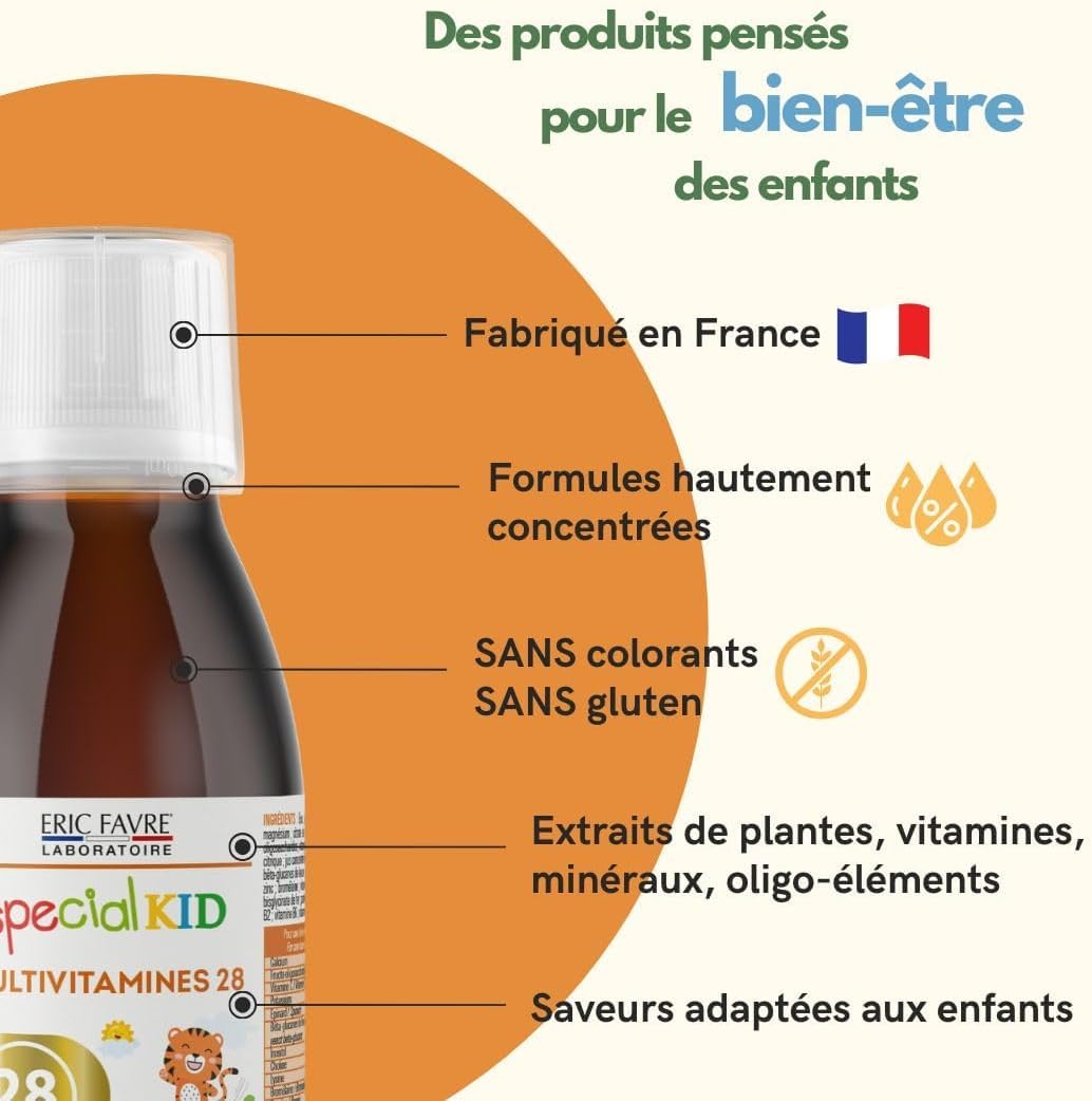 SPECIAL KID MULTIVITAMINES 28 - Croissance & Développement Osseux - 125 ml - Vitamines A, B, C, D3, E, Calcium, Magnésium, Zinc, Fer - Saveur Orange - Bouchon Doseur - Lot 3 - Eric Favre Laboratoire