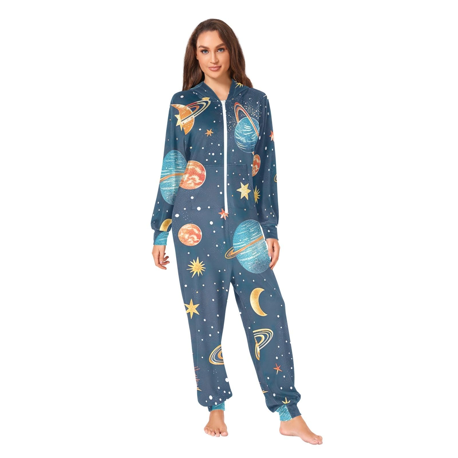 Carino Cartoon Planets Blu Adulto Natale Tutina Tuta Cerniera Pigiama Morbido Peluche Loungewear