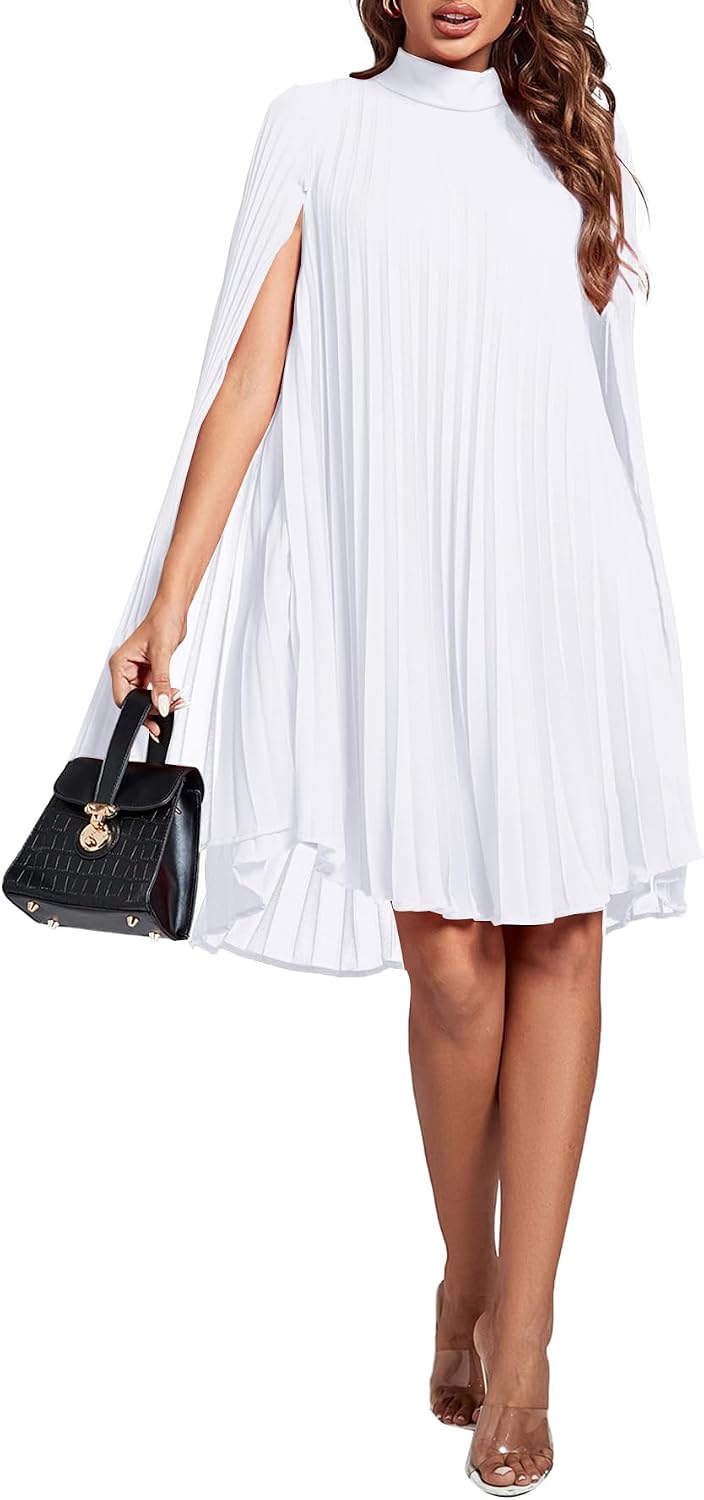 Rooscier Women's Mock Neck Cloak Sleeve Pleated Keyhole Back Flowy Party Midi Dress