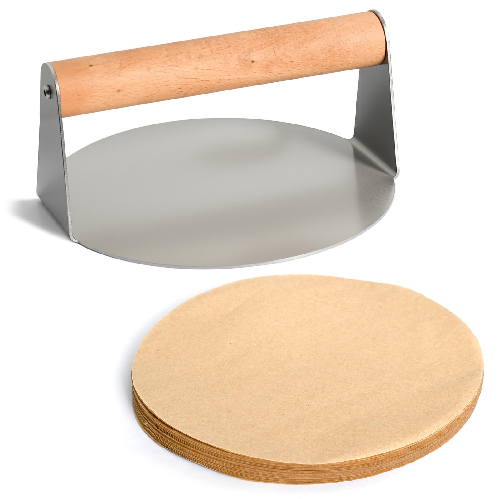 Set Stampo per Hamburger, Pressa per Carne 16 cm + 200 Fogli Separatore di Carne 16 cm, Strumenti di Cucina Essenziali