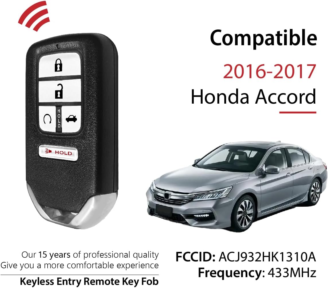 Replacement for 2016 2017 Honda Accord Key Fob Remote Control ACJ932HK1310A 5 Buttons 433MHz