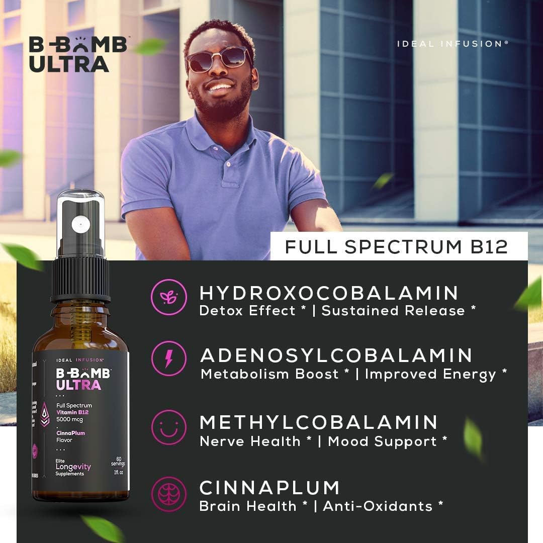 Ideal Infusion B-Bomb Triple B12 Vitamin Liquid Spray: Methylcobalamin, Adenosylcobalamin, Hydroxocobalamin - Nerve Health and Energy Booster- 5000 mcg, Keto, Sugar Free (Organic CinnaPlum)