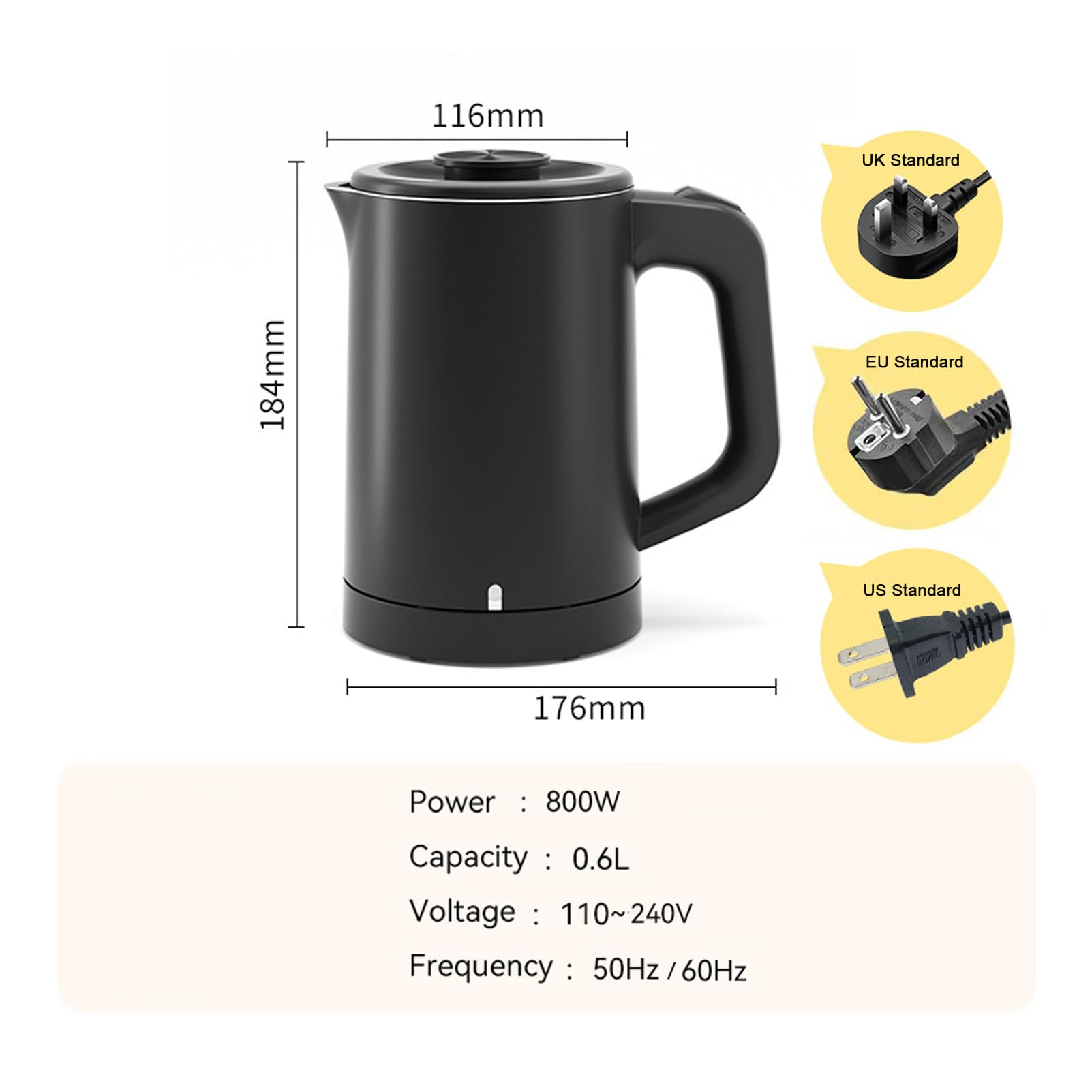 Czajnik Elektryczny, Szybkie Gotowanie, Czajnik Ze Stali Nierdzewnej 304, 0,6 L, 800 W, Automatyczne WyłączanieBlack,EU Standard