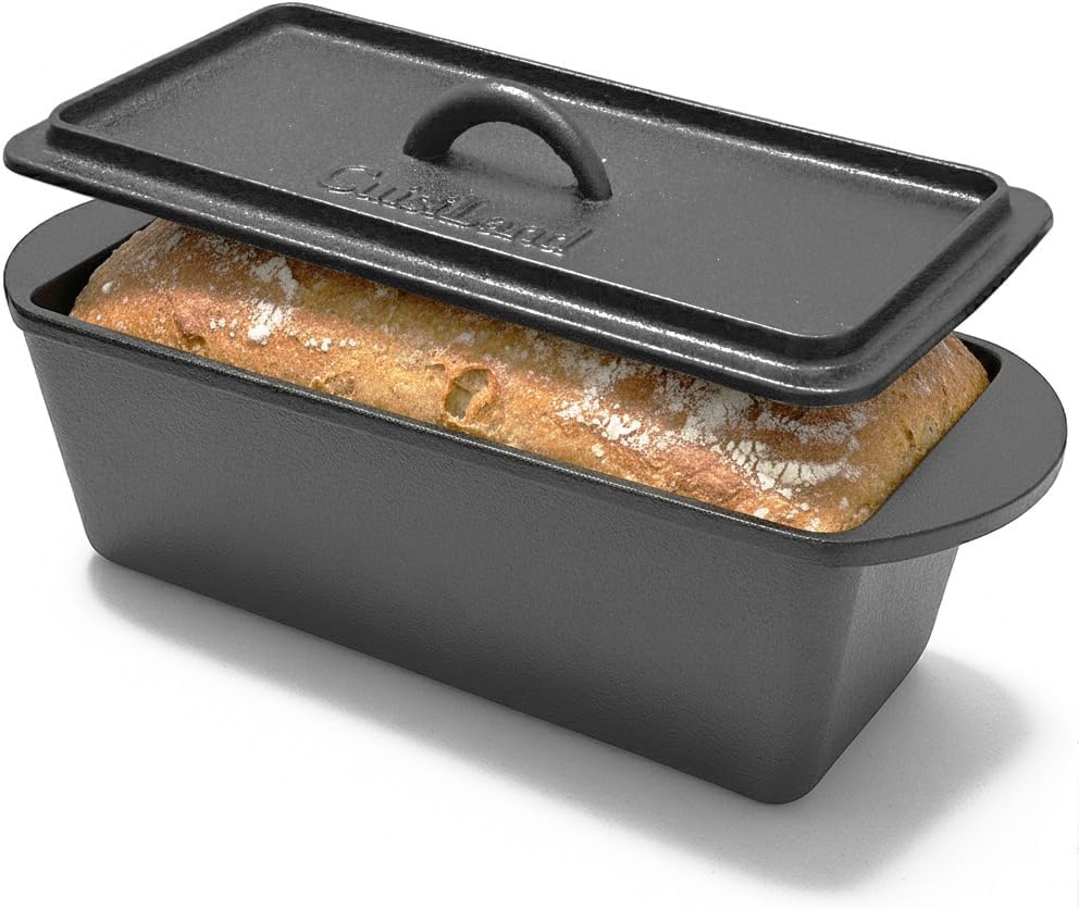 Cuisiland Rectangular Cast Iron Bread Loaf Pan, Heavy Duty 11x4.75x4,25" (14" L/Handles) with Lid (BLP137U)