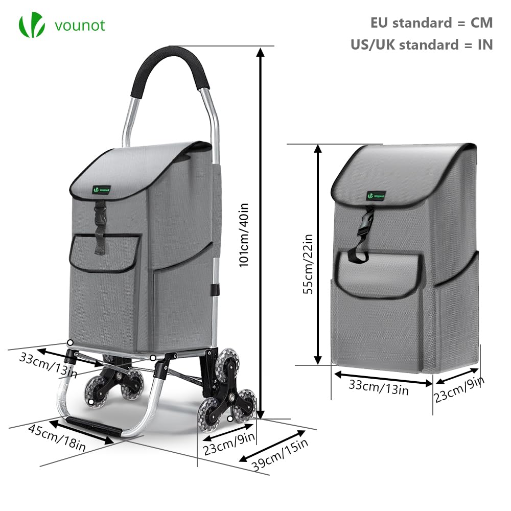 VOUNOT® Chariot de Courses 6 Roues Aluminium Pliable 2 en 1 Sac Escalier Gris 58 L