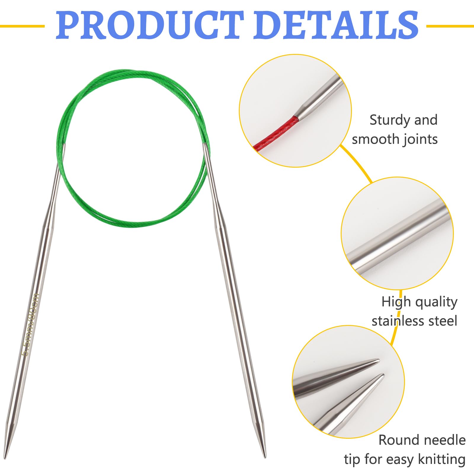 Reessy 5.5 mm Circular Knitting Needles 80 cm Long, Stainless Steel Round Knitting Needle with Flexible Cable - Image 2