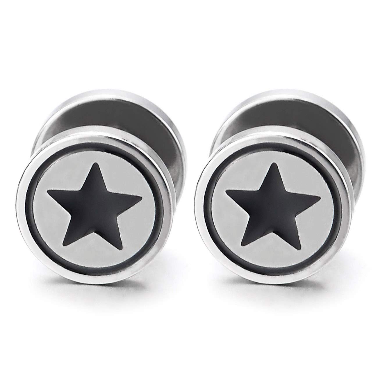 Men Women Circle Star Stud Earring Black Enamel, Steel Cheater Fake Ear Plugs Gauges Illusion Tunnel-image-22