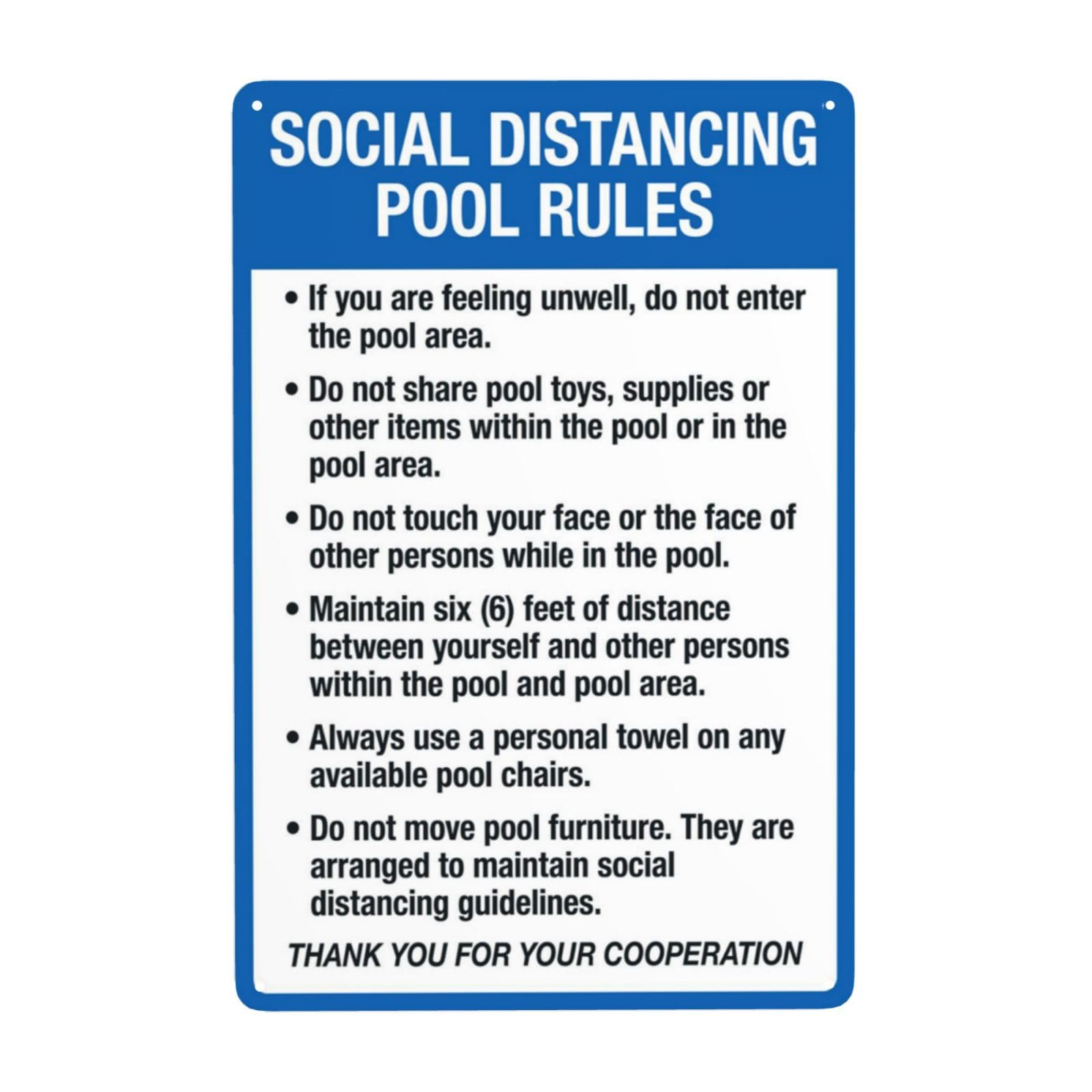Vintage Metal Tin Sign, Social Distancing Pool Rules Safety Wall Decor, 8x12 Inch