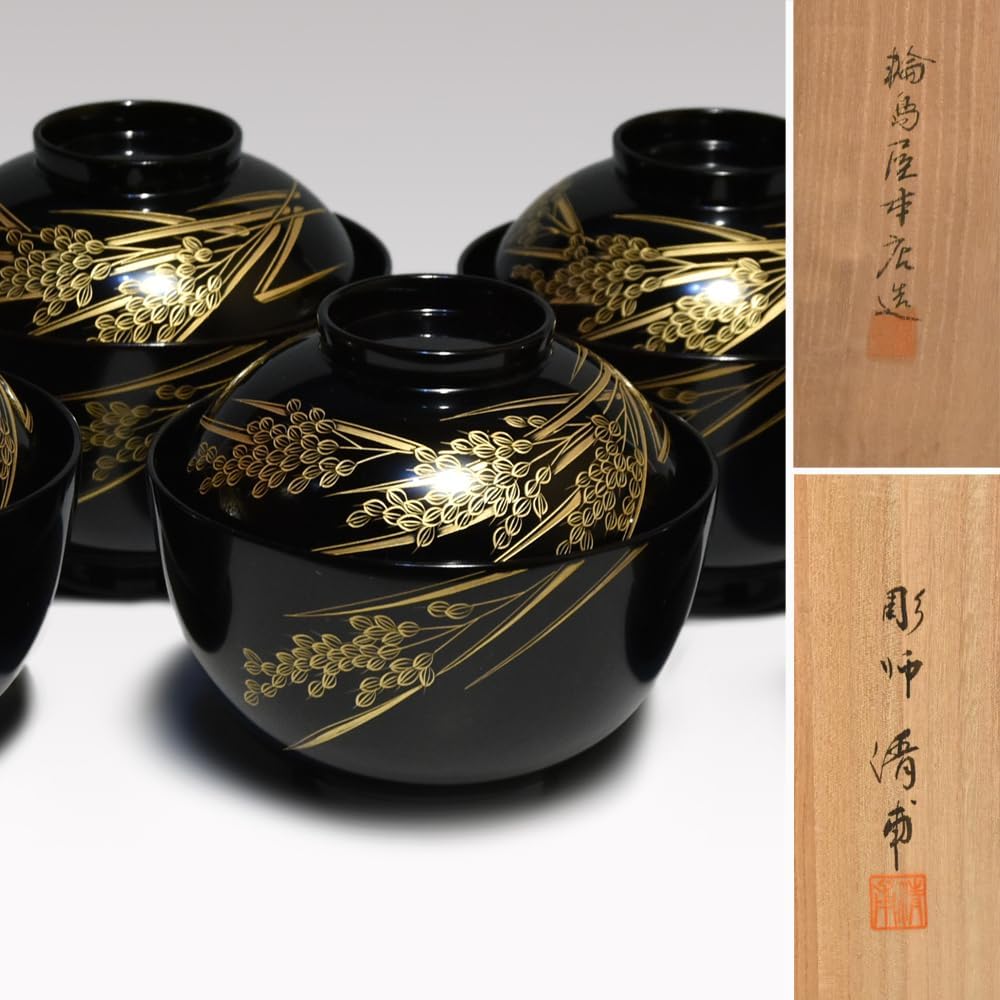 未使用 懐石道具 山中塗 寿弥作天然木製 桜 もみじ蒔絵 吸物椀5客 見返し共箱 懐石道具 山中塗 寿弥作天然木製 桜 もみじ蒔絵 吸物椀5客 見返し