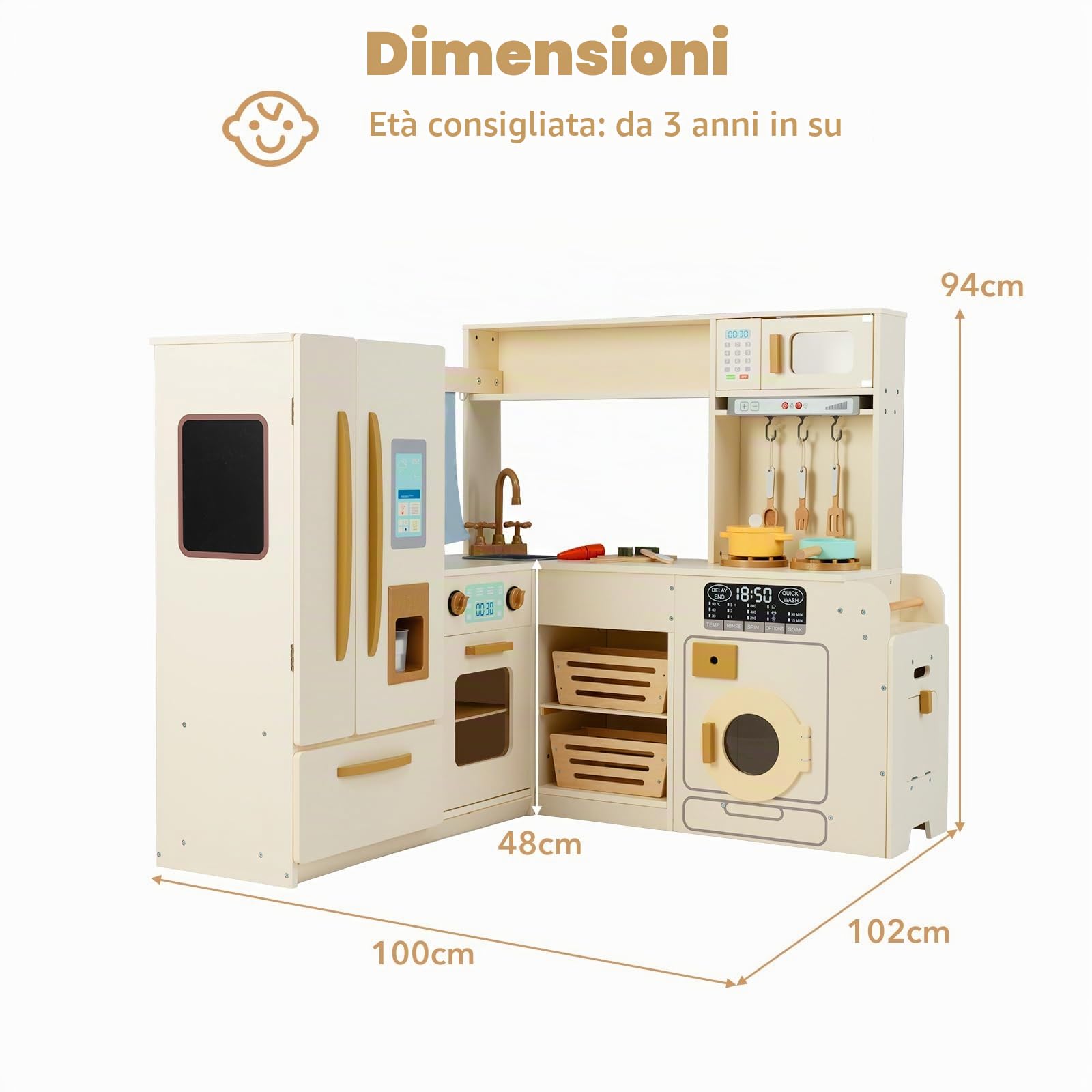 HOMASIS Cucina Angolare in Legno, Cucina Giocattolo con Luci e Suoni, inclusi 22 Accessori, Cestino della Spazzatura, Lavandino, Macchina del Gelato, Frigorifero, Lavatrice, per Bambini da 3+ Anni