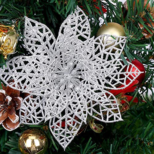 Lot de 18 poinsettia artificielles à paillettes (16 cm) - Fleurs creuses artificielles pour sapin de Noël, couronnes, guirlandes de Noël - Décorations de Noël argentées Cover