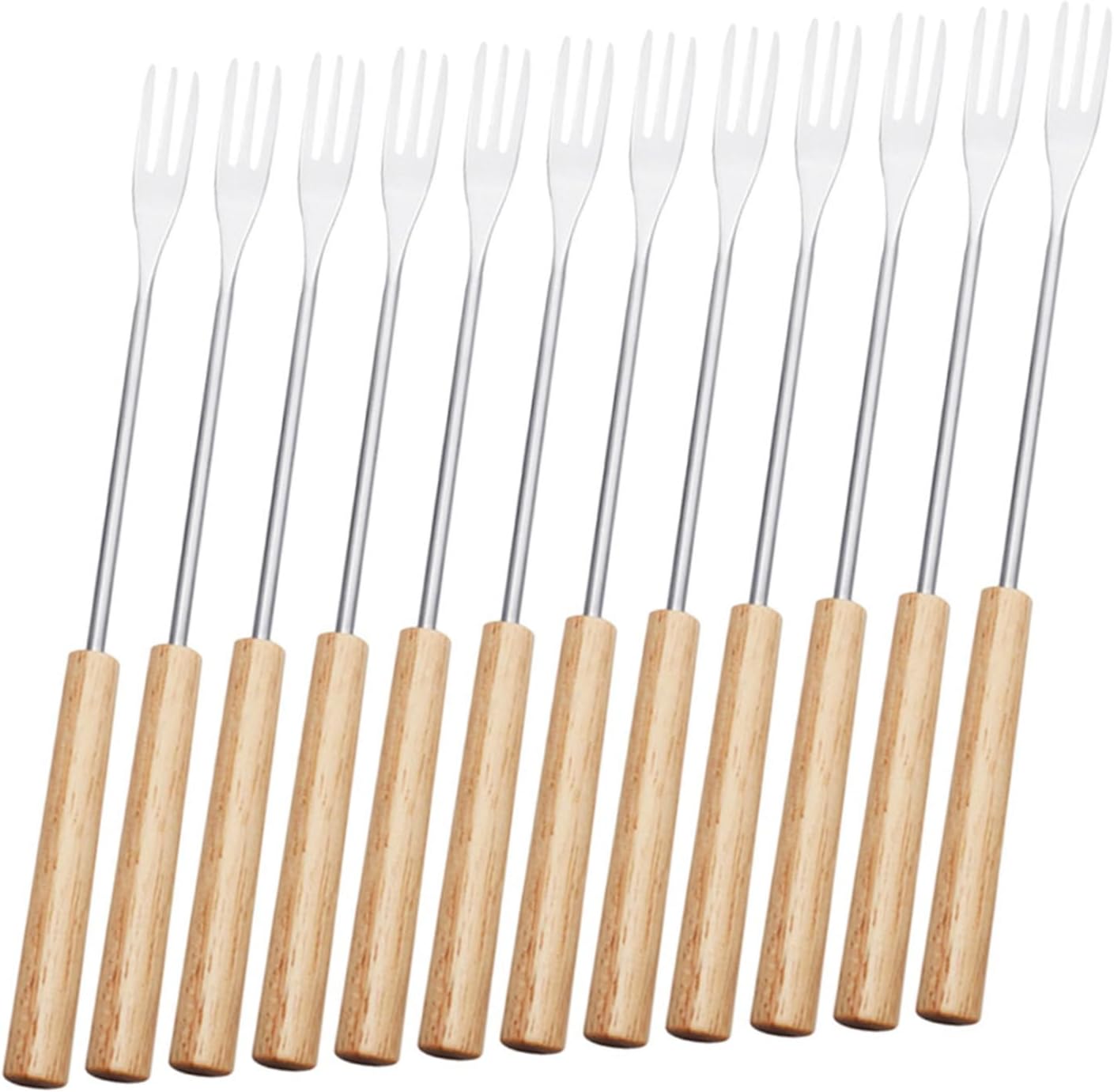 UKCOCO 12pcs Stainless Steel Fondue Forks with Wooden Handle, Chocolate and Fruit Dipping Fork Set for Bbq Baking and Cheese Fondue, Reusable Kitchen Tool for Household Entertaining