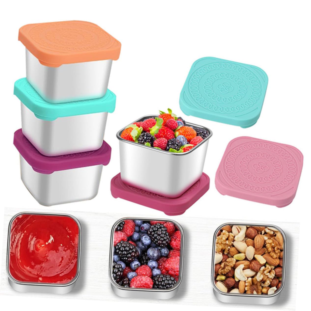 SOIMISS Set de 4 Recipientes Herméticos para Snacks de Acero Inoxidable con Tapa de Silicona, Preserva Frescura y Es Adecuado para Almacenar Alimentos en Casa o Viaje