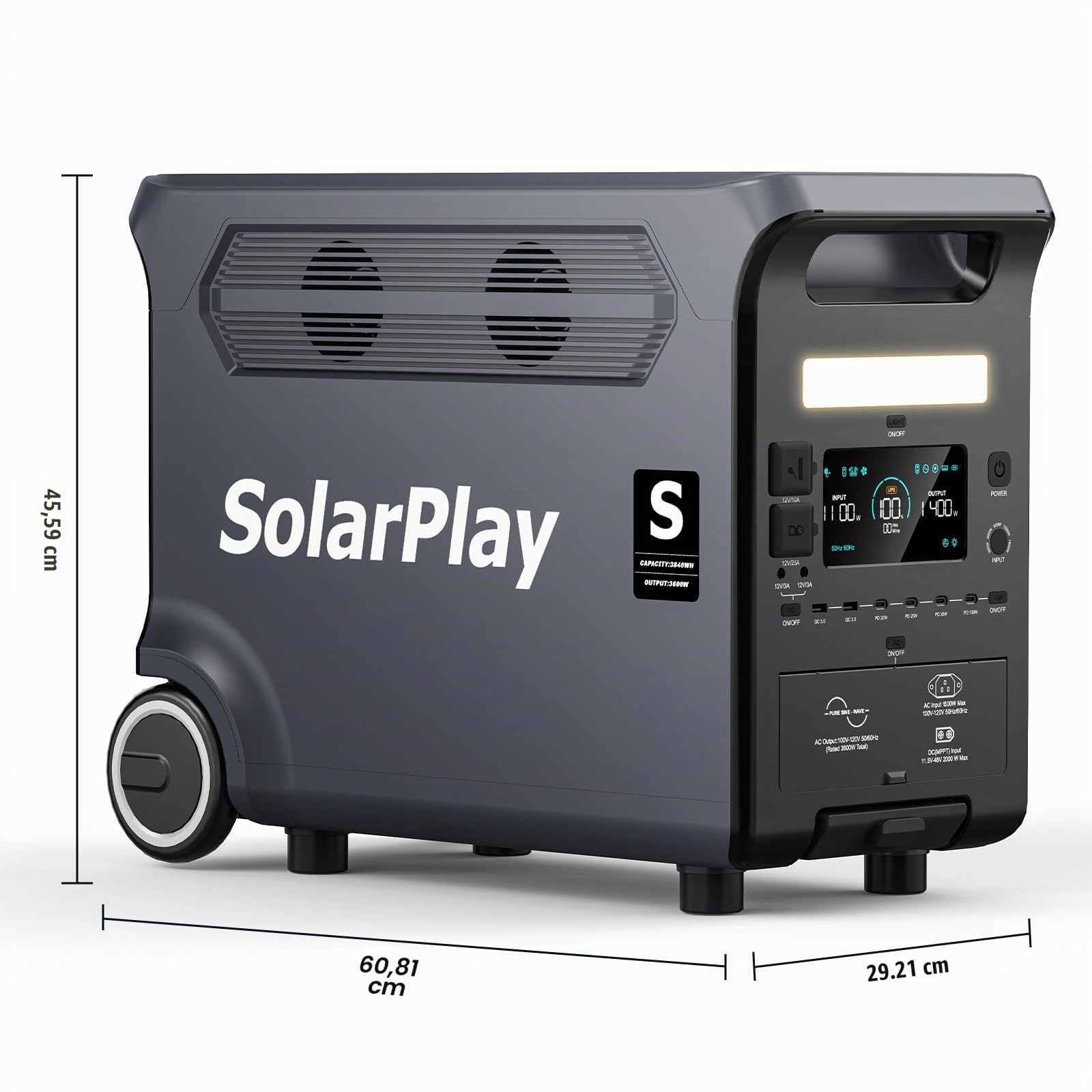 SolarPlay Q3600 Central eléctrica portátil 3600 W,Estación de energía solar 3840 Wh LiFePO4 Carga rápida 2.5h, Entrada solar 2000 W(max),UPS,Generador eléctrico portátil para hogar, (Q3600)