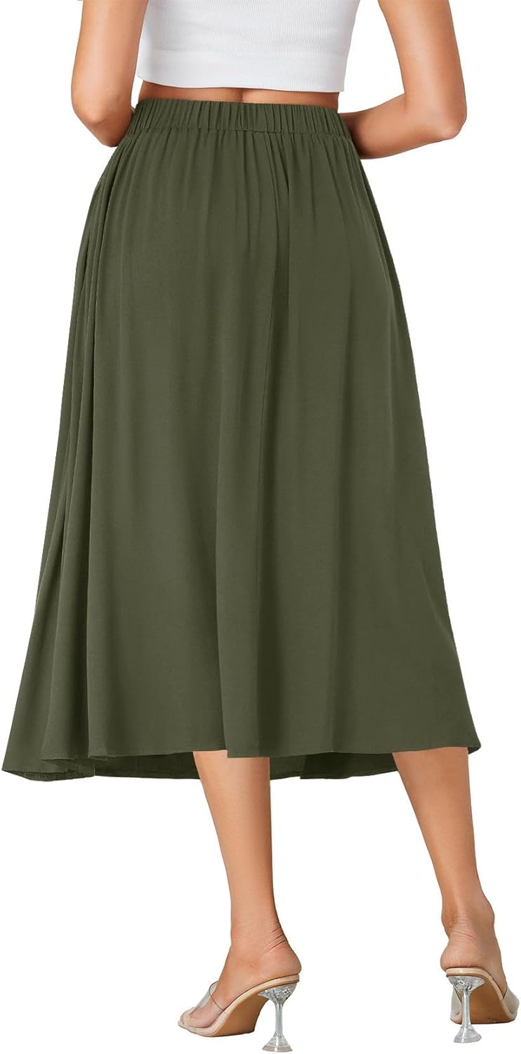 LYANER Women's High Elastic Waist Pleated Flare A Line Midi Skirt with Pockets Army Green XX-Large - Image 2