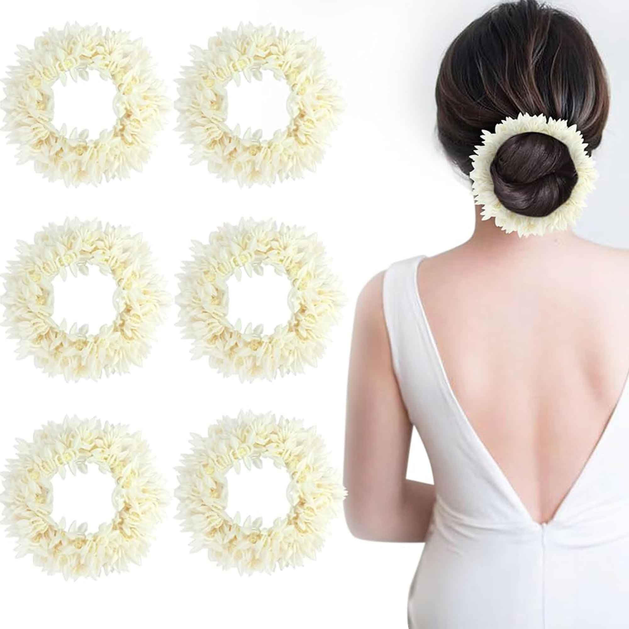 White Mogra Gajra Scented 6pcs Artificial Flower Hair Accessories Scrunchies Bracelet Bun Juda & Ponytail Wedding Jewellery Reusable Gajras for Women 1 Count (Pack of 6)