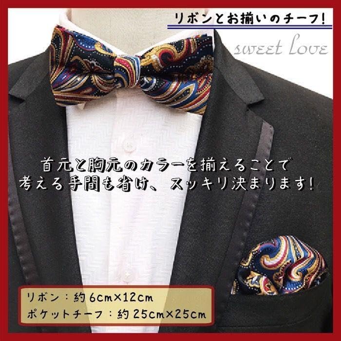 蝶ネクタイ ポケットチーフ2点セットメンズカラフルペイズリー E