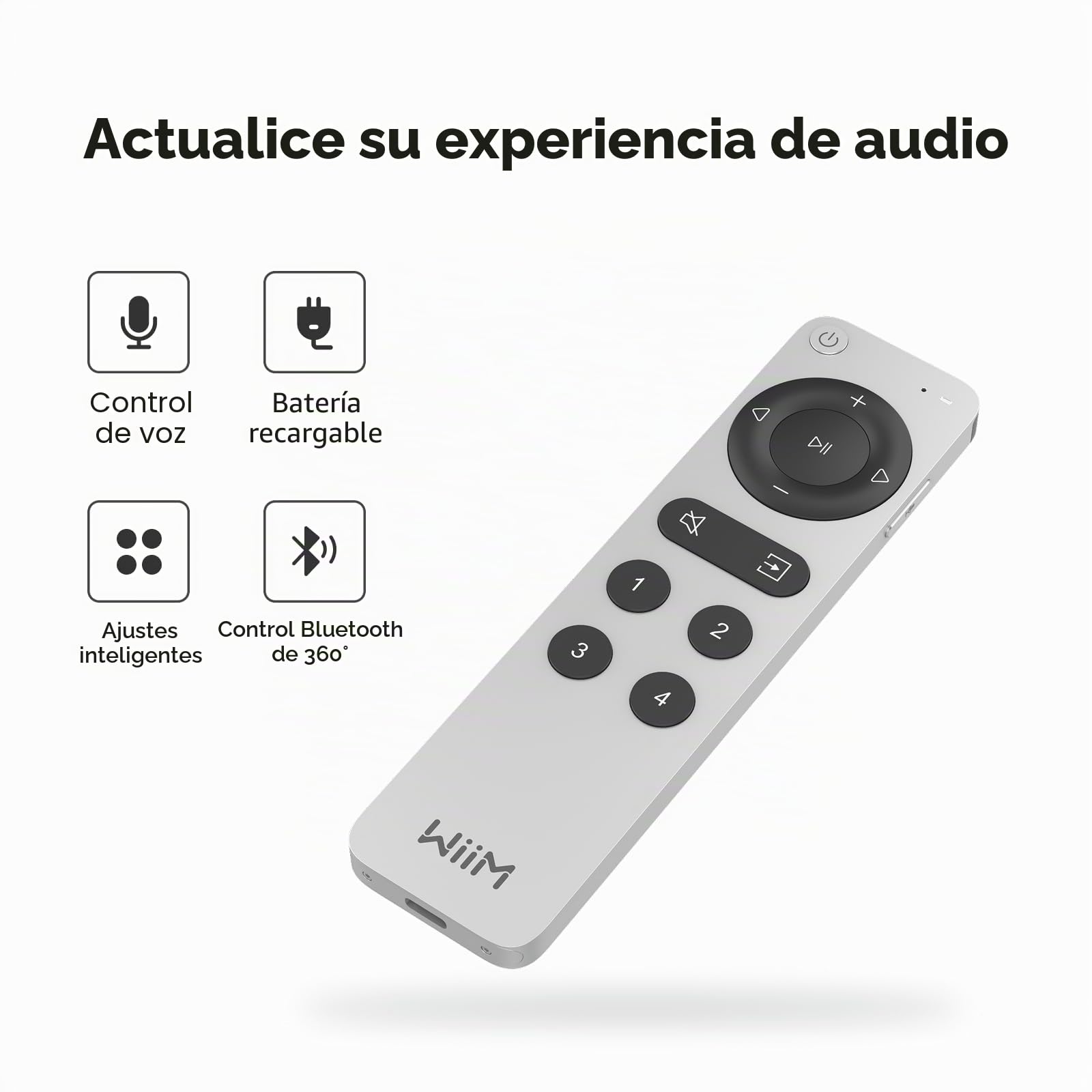 WiiM Voice Remote 2 para Streamers y amplificadores de música WiiM | Push-to-Talk, 4 Botones de preajuste Inteligente | Batería Recargable | Diseño Elegante de Aluminio | Mando Bluetooth 360°