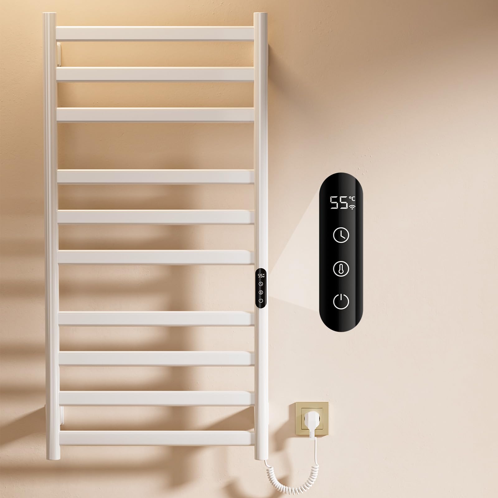 Scaldasalviette Elettrico Bagno, 50 x 100cm Termoarredo Elettrico Bagno con LED Touch Screen, 0-9h Timer e 30-70℃ Temperatura, 285W Termoarredo Elettrico da Parete, IPX4, Bianco