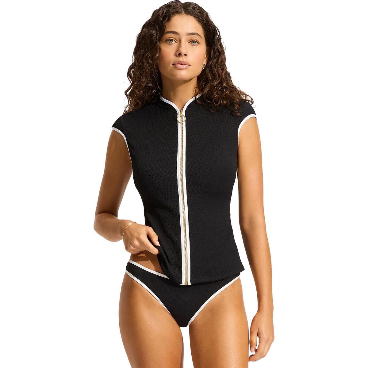 seafolly Women's Short Cap Sleeve Zip Front Rashguard with Removable Cups-picture-53
