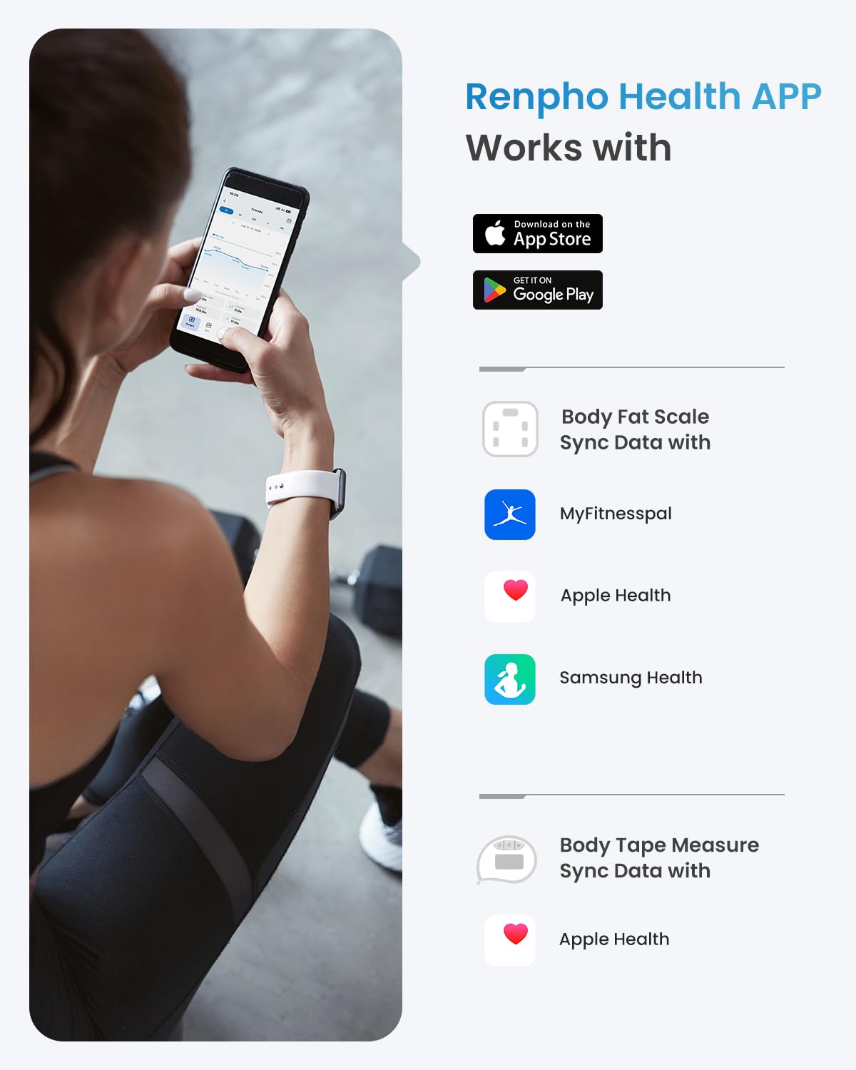 RENPHO Smart Balance Pese Personne and Mettre Ruban Corps, Balance numérique Bluetooth avec ruban à mesurer pour la mesure du corps, la prise de masse musculaire, cadeaux, 400 lbs, pouces/cm