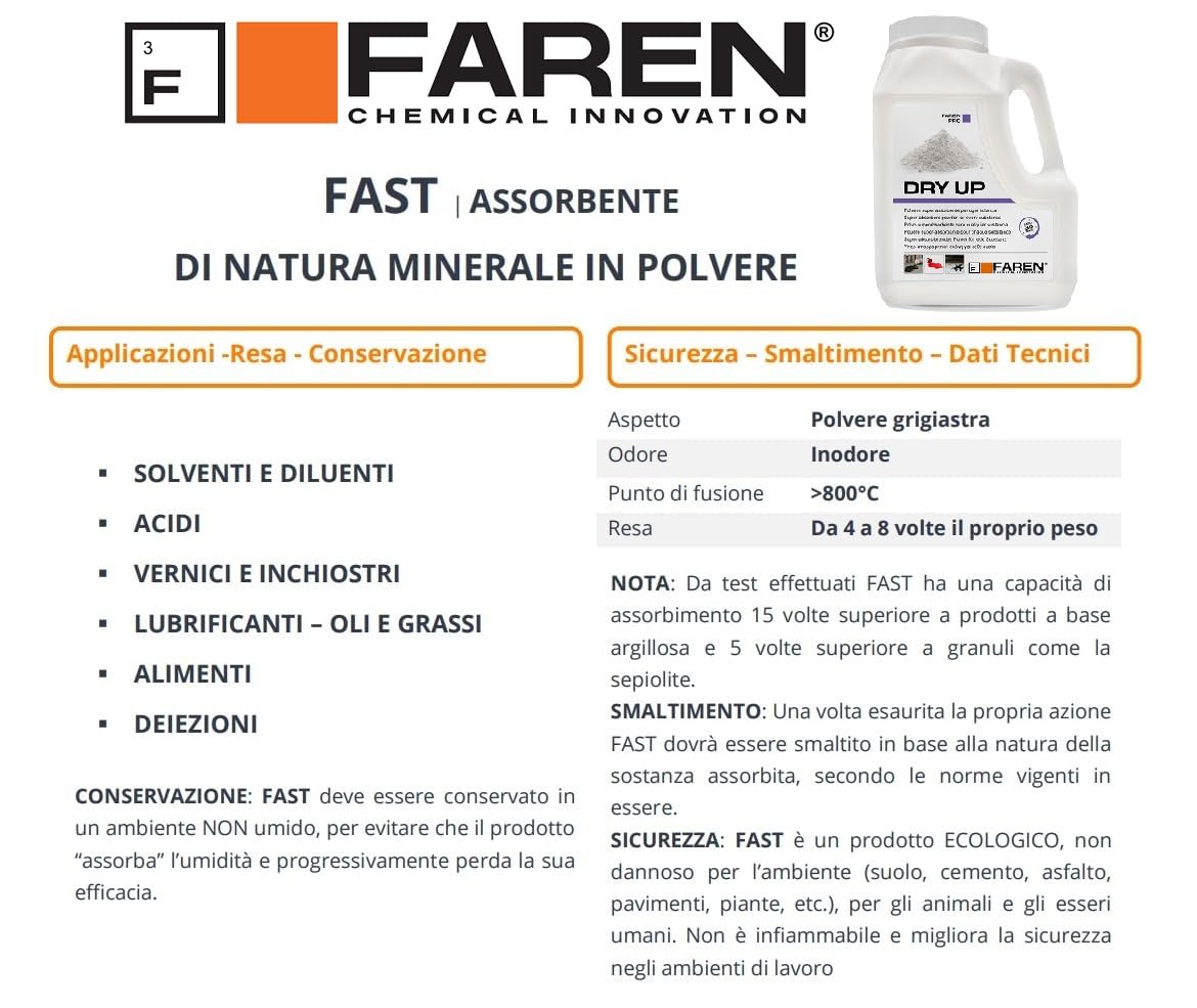 Faren DRY UP, Polvere Assorbente per Liquidi Minerale Ecologica, Ideale per Olio, Vernici, Acidi, Grassi, Pulizia Pavimenti, Assorbi Liquidi, 900g (4)