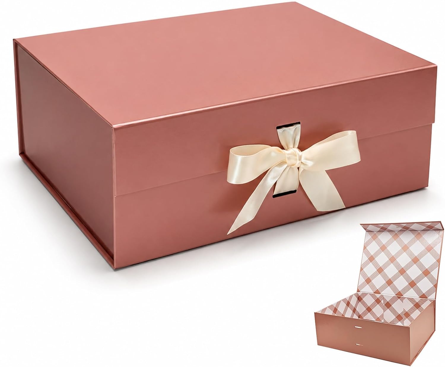 Tekhoho Rose Gold Large Gift Box 13.2x10.6x5in, Premium Present Box with Magnetic Lid and Ribbon for Holidays Wedding Birthday Gift Packaging, Plaid Lining