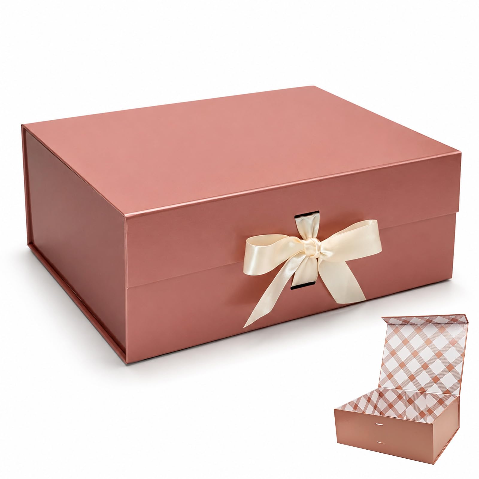 Tekhoho Rose Gold Large Gift Box 33.5x27x12.5 cm, Premium Present Box with Magnetic Lid and Ribbon for Holidays Wedding Birthday Gift Packaging, Plaid Lining