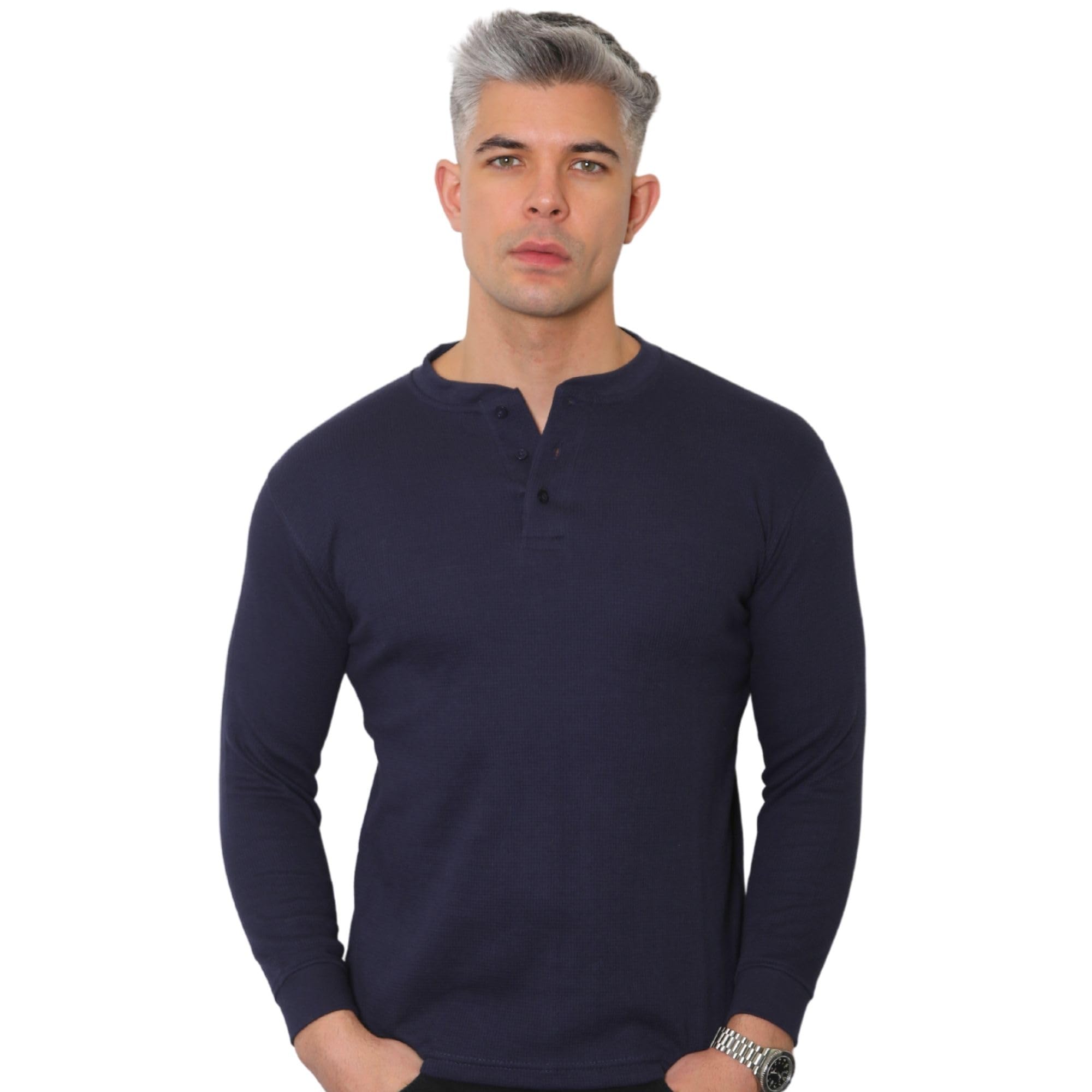 Men's Regular-Fit Long-Sleeved t Shirts Henley t Shirts Mens Top Plain Grandad Neck Waffle Knit T-Shirt Lightweight Henley Tops for Gym (2208-A)