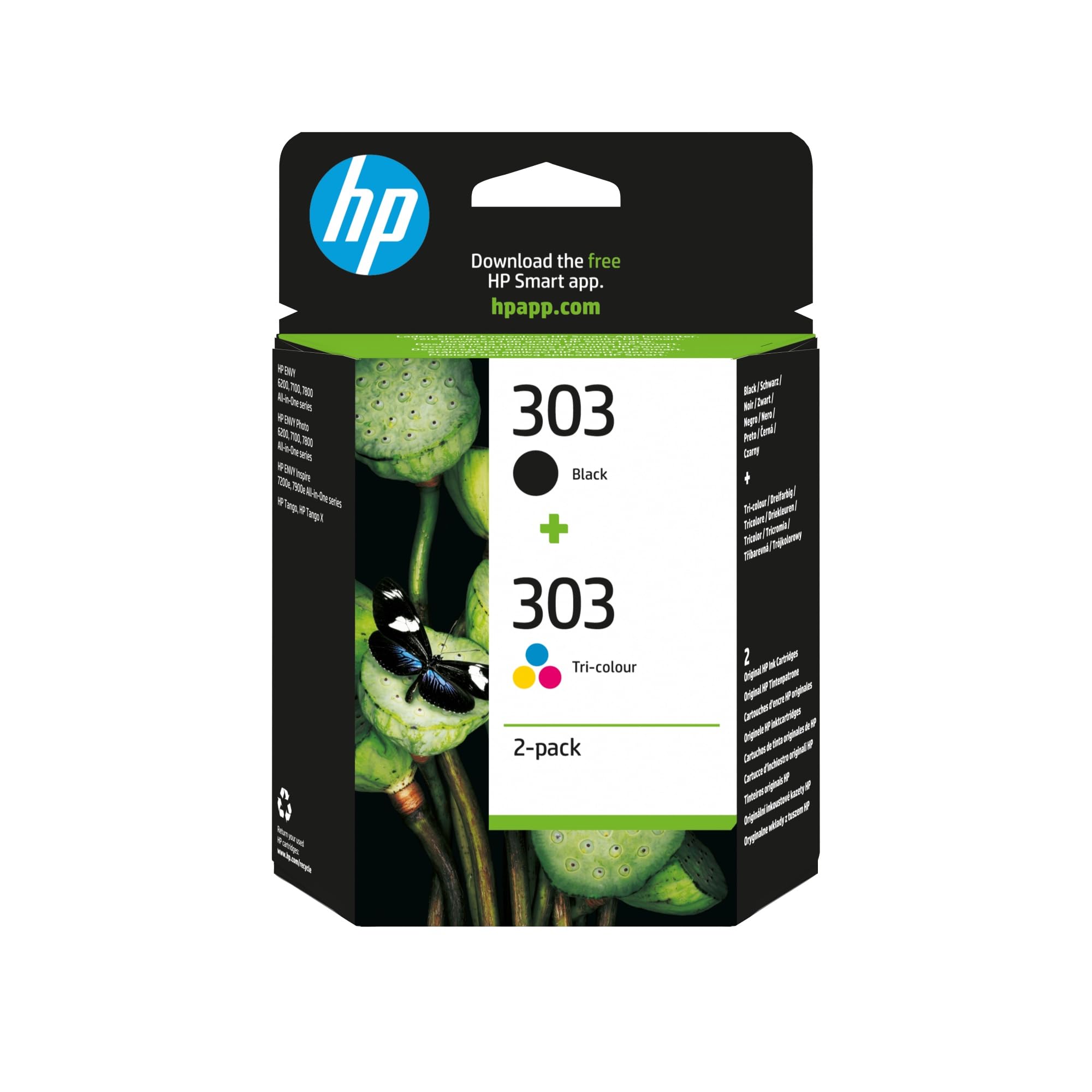 HP 303 3YM92AE, Negro y Tricolor, Cartuchos de Tinta Originales, Pack de 2, compatible con impresoras de inyección de tinta HP Tango y Tango X; Envy 6220,6230,7130,7830 ECOLOGO