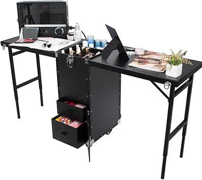 Portable Rolling Makeup Train Case, Professional Makeup Trolley with 2 Expandable Floor Standing Table Top and 4 Drawer Mirror Speakers, Lockable for Salon Travel