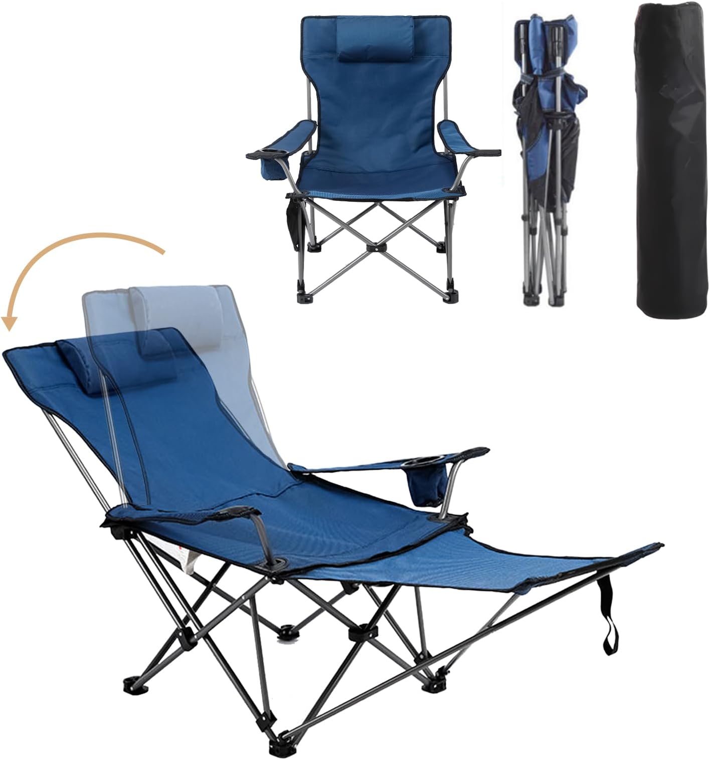 Reclining Folding Camping Chair with Removabel Footrest, Adjustable Folde Camping Chair with Foot Rest, Camp Lounge Outdoor Beach Chair, Oxford Fabric Reclining Design with Pillow Cup Holder, Blue