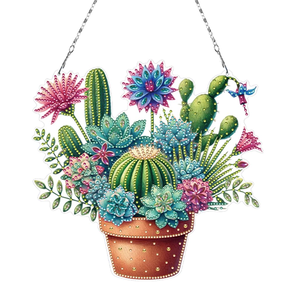 Diamond Art Suncatcher Kits -Crystal Gem Paint by Number Hanging Ornaments for Windows, Garden & Home Decor, DIY Wind Chime Craft for Adults(Cactus-01)