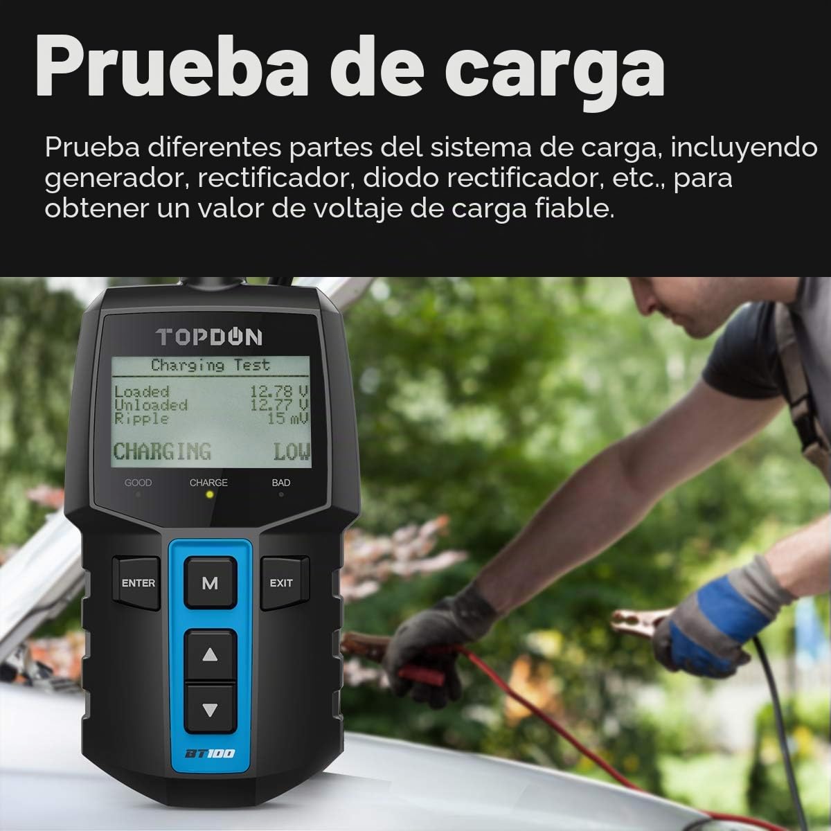 TOPDON BT100 Comprobador de Baterias de Coche 12V, 100-2000 CCA Probador de Batería Auto para Arranque y Sistema de Carga, Analizador de Batería Digital para Coche, Camión, Moto, ATV, SUV, Barco,Yate