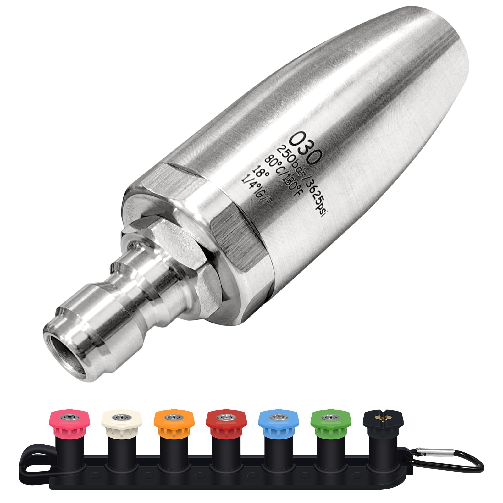 Dysza turbo ze stali nierdzewnej 3600 PSI do myjki ciśnieniowej, obracająca się o 360° dysza myjki ciśnieniowej z szybkozłączką 1/10.2 cm, 7 końcówek dysz z uchwytem na dyszę, ciepła i zimna